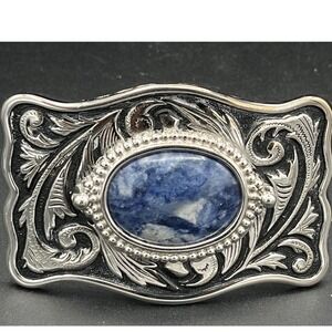 Western Floral Embossed Enameled Blue Silver Tone, Blue Stone Belt Buckle Ornate